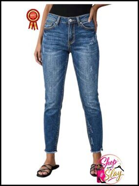 Mid Waist Crop Skinny Jeans Ripped Raw Hem Stretch Denim